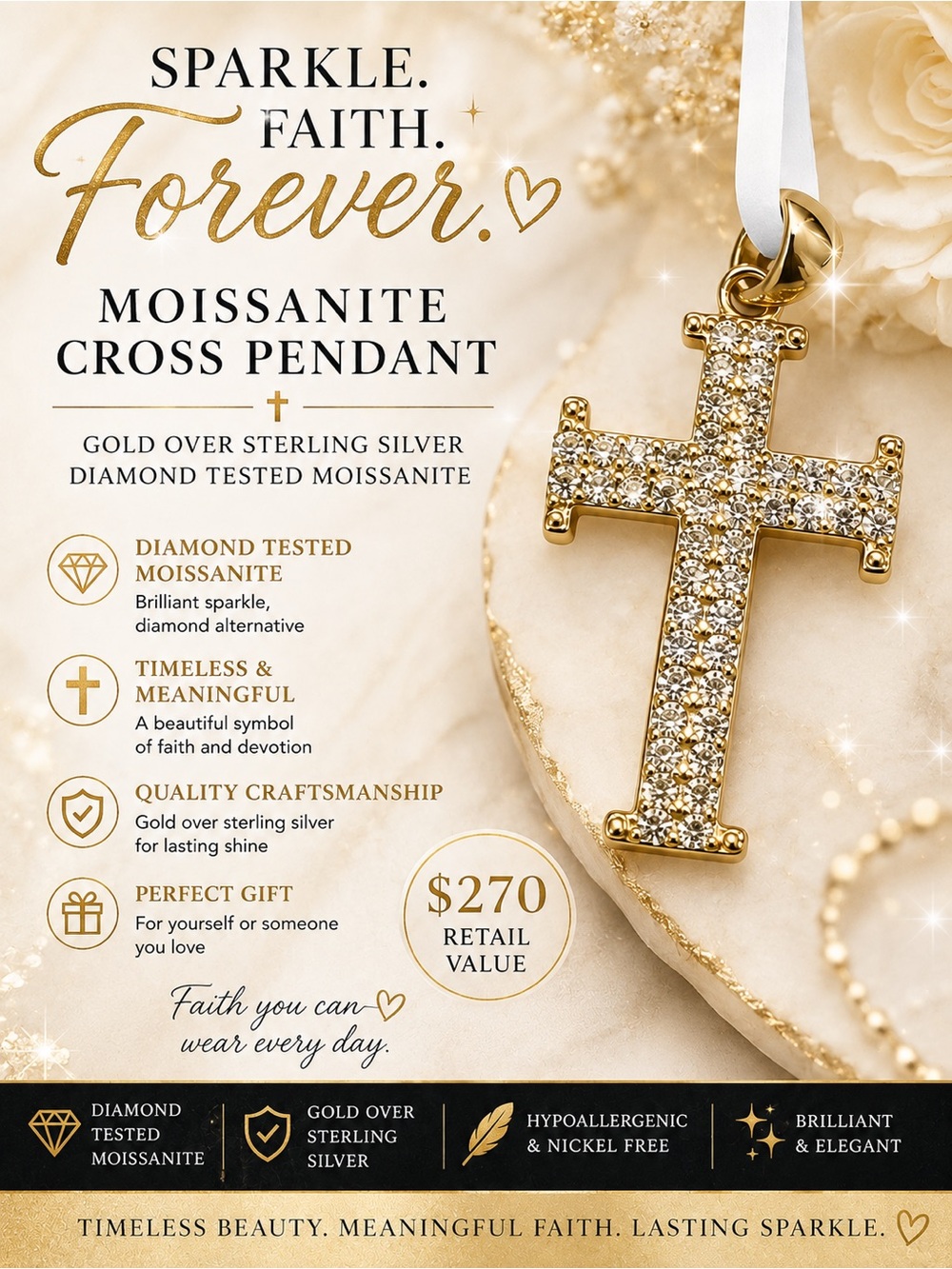 Gold over Sterling Silver Moissanite Cross Pendant Necklace - $270 retail
